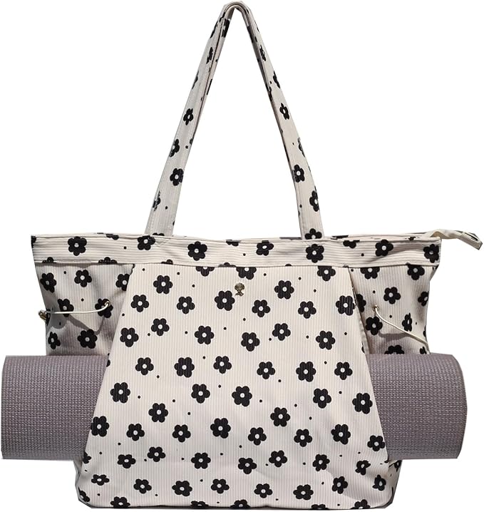 ESVAN Corduroy Yoga Tote Bag Gifts for Women Drawstring Yoga Mat Bag for Office Workout Travel Carryall Pilates Gym