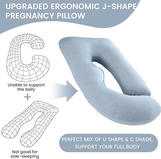 Jcickt Pregnancy Pillow for Sleeping,59 inch Maternity Pillow with Removable Washable Cover,J-Shaped Cooling Full Body Pregnant Pillow -Support for Backs,Legs, Belly, HIPS, Improve Sleep-Sky Blue