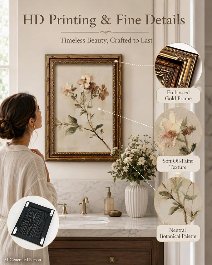 Wildflower Wall Art, Vintage Gold Framed Botanical Canvas, 16 x 24 in | Rustic farmhouse floral print for living room, bedroom, kitchen, hallway, cottagecore or country home decor.