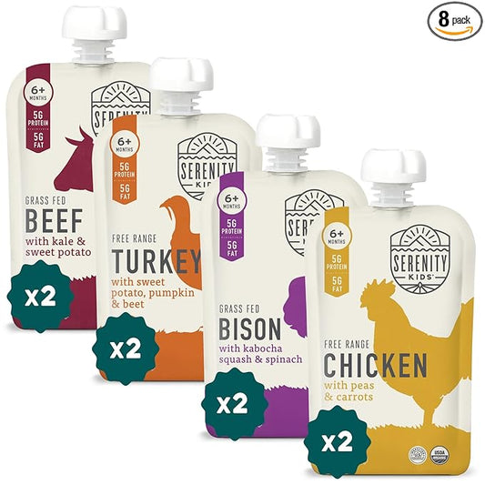 Serenity Kids 6+ Months Baby Food Pouches - Nutrient-Packed Meat Puree with 5g Protein - Organic Baby Food with Ethically Sourced Meat & Veggies - Convenient On-the-Go Toddler Snacks - 3.5 Oz, 8 Pack