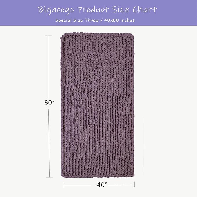 Bigacogo Chunky Knit Throw Blanket for Couch, 40x80 inches, Winter Grape | Hand Knit with Jumbo Chenille, Soft Breathable Cable Knit for Sofa Bed Living Room, Machine Washable, Gift for Mom Friend