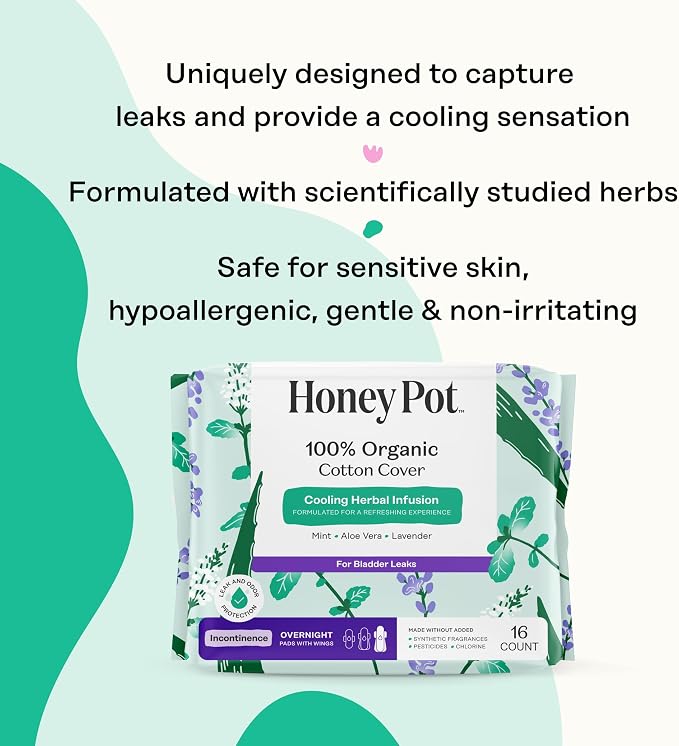 The Honey Pot Company - 64ct - Herbal Pads for Women - Organic Incontinence Overnight w/Wings - Infused w/Essential Oils for Cooling Effect - Postpartum Essentials - Feminine Care