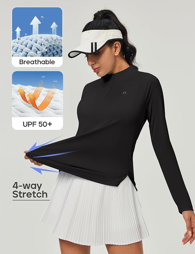 Heathyoga Long Sleeve Workout Tops for Women Golf Shirt UPF 50+ Swim Shirts for Woman UV Sun Protection Quarter Zip Pullover