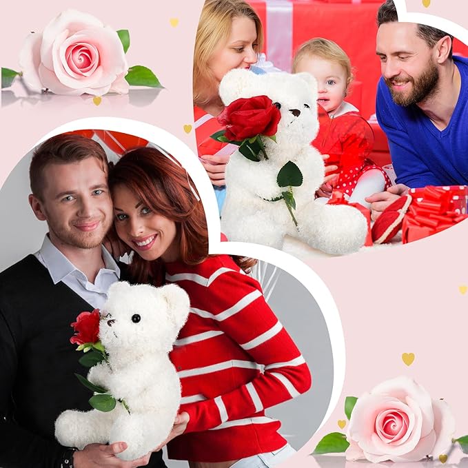 Civaner Bear Stuffed Animal Gift with Rose Funny Cute Bear Stuffed Animal Plush Gift for Mother Girlfriend Birthday Wedding, 11.8 Inches(White)