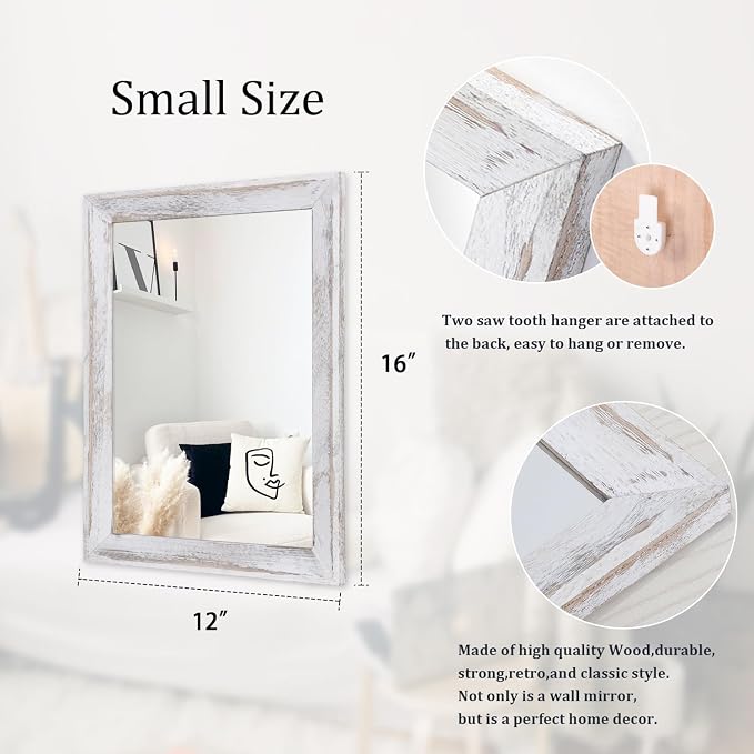 AAZZKANG Mirrors for Wall Rustic Wood Framed Hanging Mirror Decorative for Farmhouse Bedroom Bathroom Living Room Entryway Hallway Small White | Decorative for Farmhouse Bedroom Bathroom Living Room Entryway Hallway Small