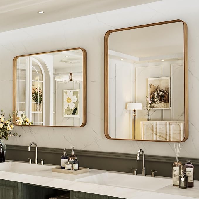 LOAAO 24X36 Inch Bathroom Mirror with Wood Grain Colored Metal Frame | Rounded Rectangle Metal Framed, Anti-Rust, Hangs Horizontally or Vertically