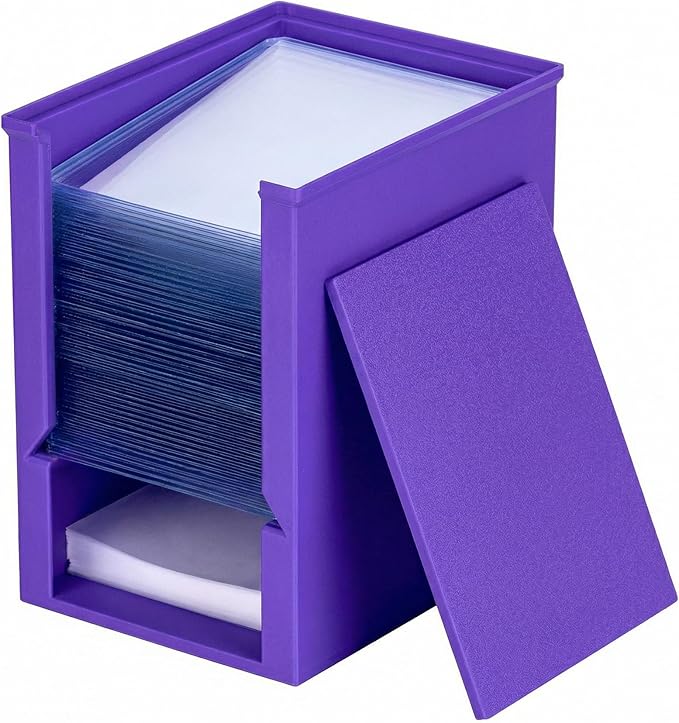 Toploader Dispenser & Penny Sleeve Holder - Dual Compartment Holds 250 Penny Sleeves & up to 50 Top Loaders, Stackable Card Storage Box with Dustproof Lid (Purple)