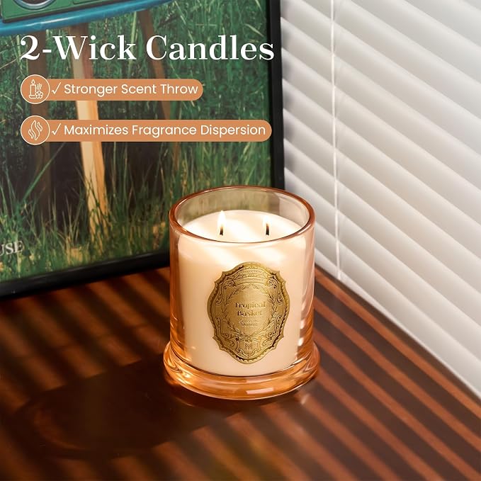 M&SENSE Tropical Basket Candles for Home Scented, 2 Wick 12.7oz Soy Wax Candles 70 Hours Long Burning,Non Toxic Candles Gift for Stress Relief, Meditation, Yoga