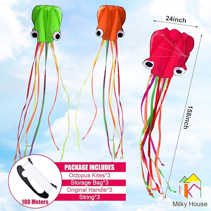 3 Pack Octopus Kite - 3D Beach Kites for People & Kids (Blue, Green, Red) - Easy to Fly, Kite Kit with 100M String