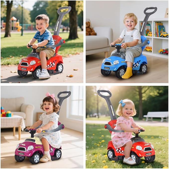 ChromeWheels 3 in 1 Ride on Push Car for Toddlers with Removable Handle/Guardrails/Pedal, Horn, Music, Under Seat Storage (Blue)