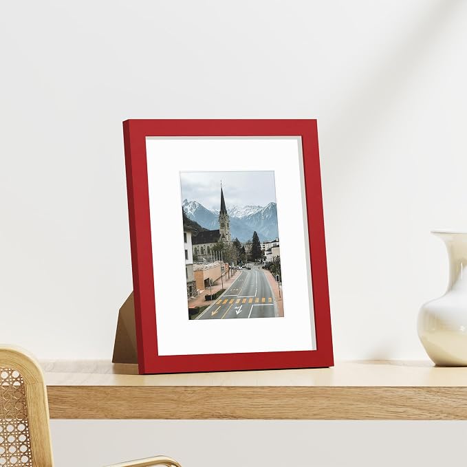 Vittanly 8x10 Picture Frames Set of 9 for Wall or Tabletop Display, Red | Display Pictures 5x7 with Mat or 8x10 without Mat, Small Photo Frames, Engineered Wood with Shatter Resistant Plexiglass