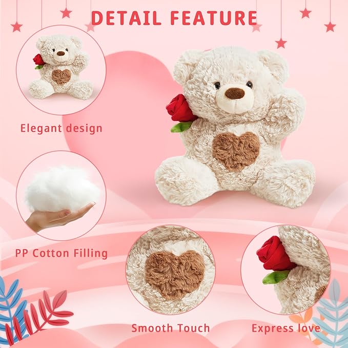 Rose Teddy Bear Stuffed Animals Soft Plush Toy Teddy Bear with Rose Gift for Mother Girlfriend Birthday Wedding 10", White