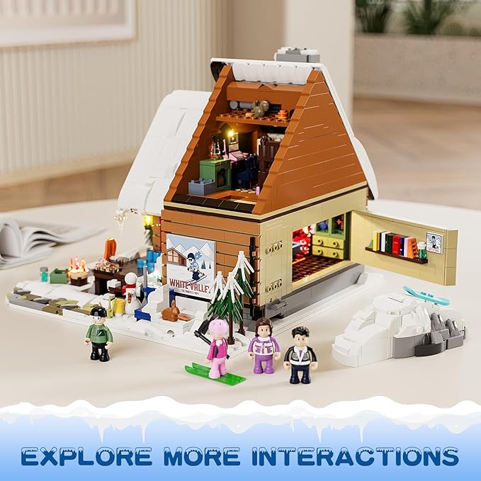 FUNWHOLE Christmas Ski-Cabin Lighting Building-Bricks-Set - Retro Christmas Winter Snow House Collection LED Light Building Construction Holiday Model Set 2187 Pcs for Adults and Teen