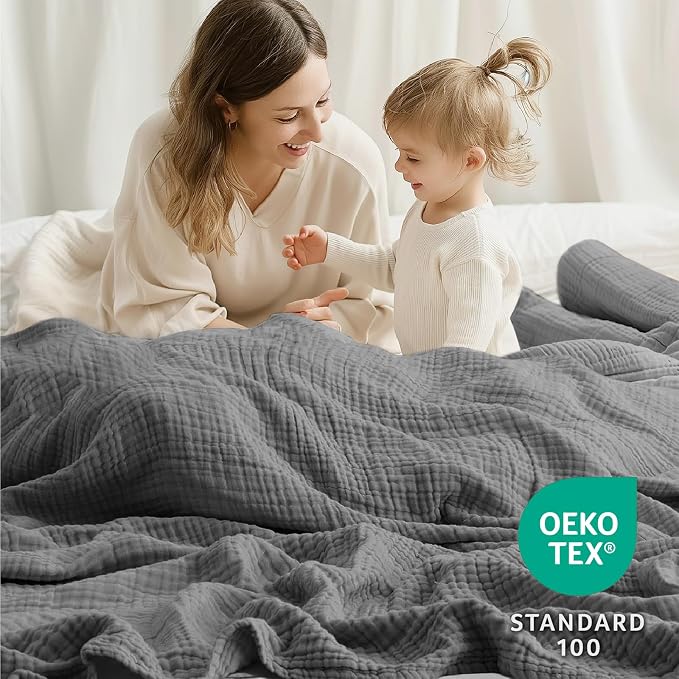 100% Cotton Muslin Blanket Queen 90" x 90", Breathable and Lightweight Cotton Throw Blankets for Bed, Soft Cooling Summer Gauze Blanket for Adults All Season, Charcoal Grey