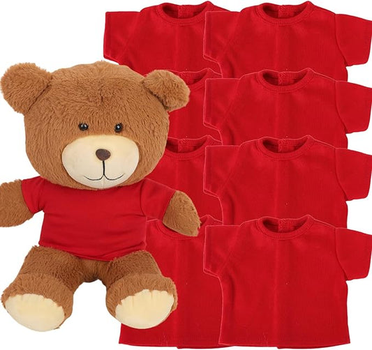 Plush Teddy Bear Clothing Set, Red T-Shirts, Cotton, Basic Style, Easy Put-On Design, 8 Pack