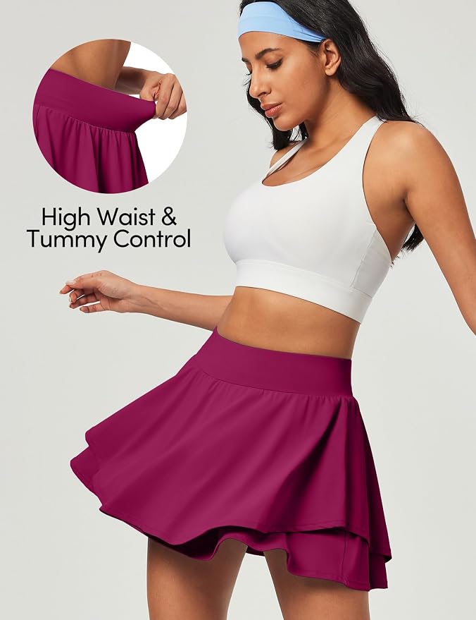 IUGA Tennis Skirt Pleated Skorts for Women with Pockets Skirts for Women | Double Ruffle Skort , Built-In Shorts, 2 Pockets, Tummy Control Breathable, Quick-dry, for Golf, Athletic, Running, Workout
