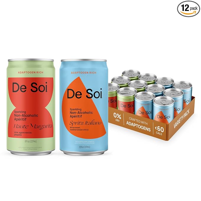 De Soi Happy Hour Duo Mocktails NA Drinks 12 pack - Adaptogen Drink, Sparkling Drink with Calming Botanicals, Mocktail Drinks, Gluten Free, No Artificial Flavors - (Haute Margarita + Spritz Italiano)