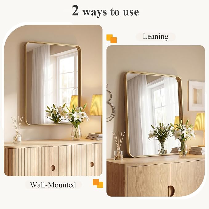 Sweetcrispy Bathroom Wall Mirror, 36x24 Inch Wall Mount Mirror for Over Sink, Modern Rounded Rectangle Vanity Mirrors with Matte Metal Framed, for Home Decor, Living Room, Bedroom, Gold