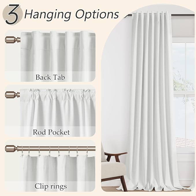 Guken White 100% Blackout Linen Curtains 52 Inch Wide by 138 Inch for Living Room Bedroom Back Tab Thermal Insulated Black Out Linen 2 Drapes Room Darkening Window Curtains