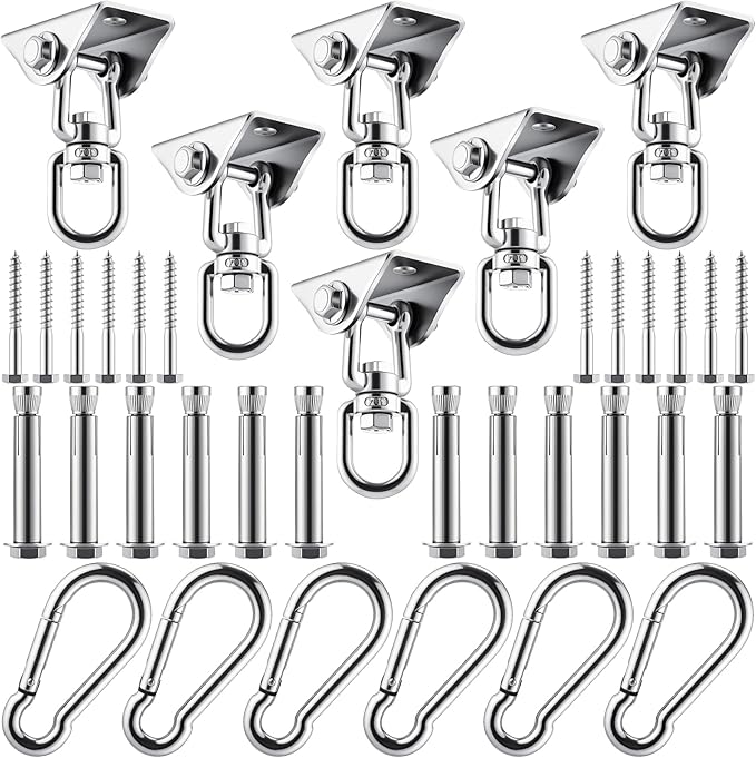 Tandefio 6 Sets of Robust Swing Hangers for Wooden Concrete Set with Hook Screw Bolt Washer 360 Swivel Stainless Steel Swingset Accessory for Porch Patio Yoga Indoor Outdoor, 2000 LB Capacity, Silver