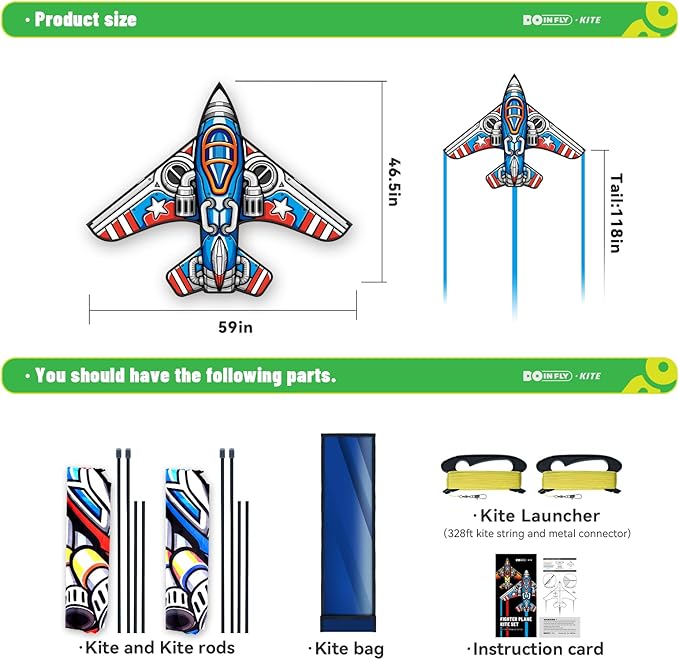 Fighter Kite Set, Suitable for Children Aged 8 to 12, Adults, Easy-to-Fly and Easy-to-Assemble Kite Suitable for Beginners