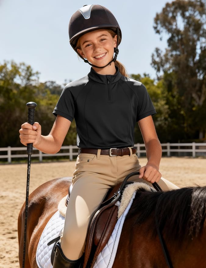 JOCMIC Girls Equestrian Shirt Short Sleeve Quick Dry Horse Riding Shirts Half Zip Horseback Show Shirt