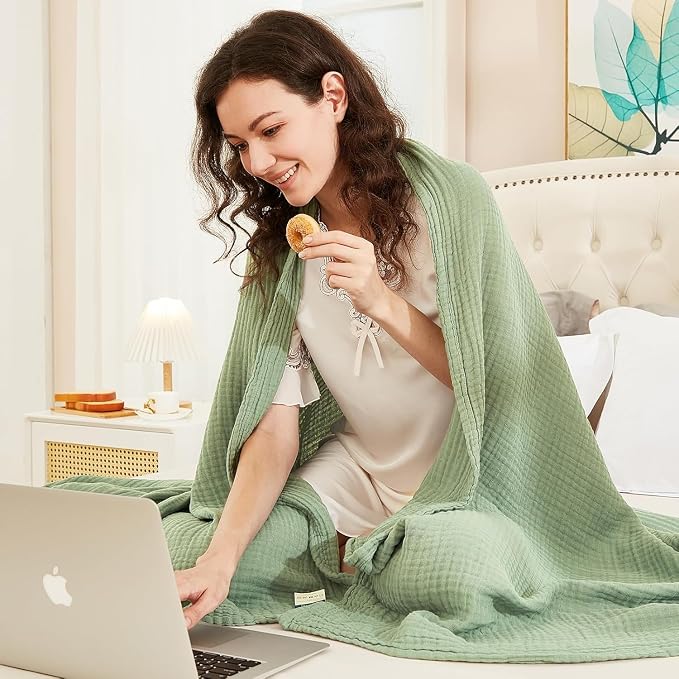 EMME Muslin Blankets for Adults Throw Blanket for Couch Breathable Gauze Soft Lightweight Airy Sage Green Twin XL 66" x 90"