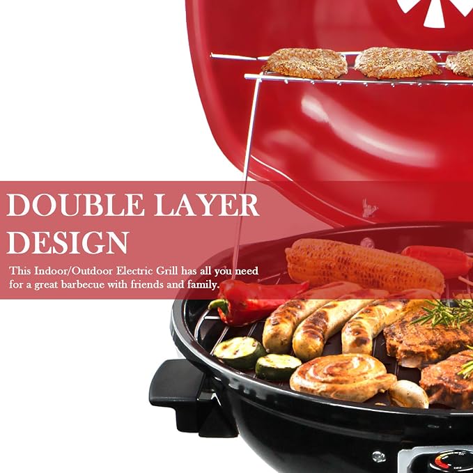 Electric Grill Outdoor BBQ, Techwood 15-Serving Indoor/Outdoor Electric Grill for Indoor & Outdoor Use, Double Layer Design, Portable Removable Stand Grill, 1600W (Stand Red BBQ Grills)