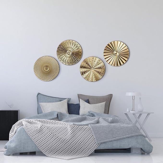 Hicarer 4 Pcs 12 Inch Gold Metal Wall Art Decor Modern Sunburst Hanging Artwork Decor Wall Decorations for Home Bedroom Bathroom Living Room Office Sculpture Gift