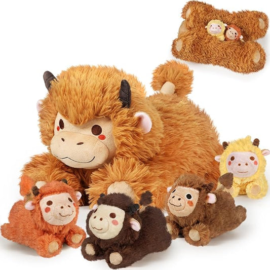 KMUYSL Highland Cow Stuffed Animal for Girls Ages 3 4 5 6 7 8+ Years Old, Mommy Cow Animals Plush Toys with 4 Baby Calves, Soft Animal Stuffed Toys Set, Christmas Birthday Gifts for Kids Girls