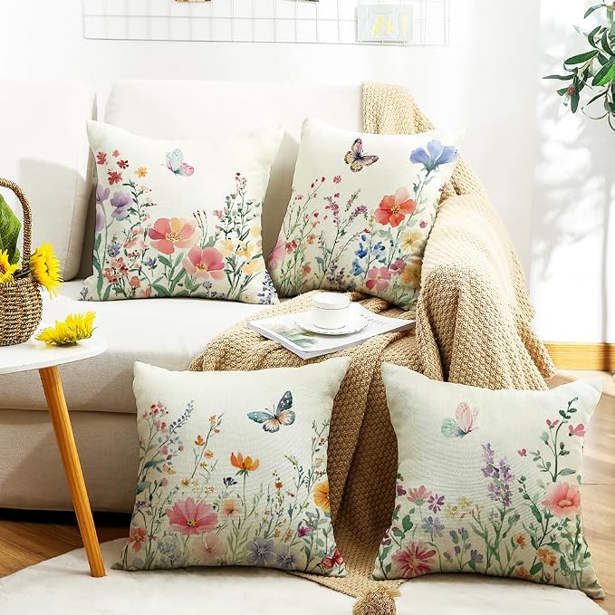 wyooxoo Spring Pillow Covers 20x20 Set of 4 Summer Farmhouse Throw Pillow Covers Floral Butterfly Decorative Cushion Cases for Sofa Couch Patio Bedroom