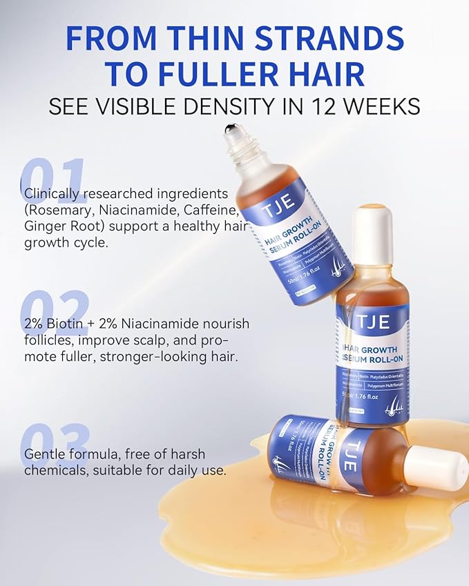 Hair Growth Serum Roll On 1.76 fl oz | Extra Large Value Pack | Fast-Absorbing, No-Rinse Scalp Care | Rosemary, Caffeine, Niacinamide & Biotin | Mother’s Day Gift for Her