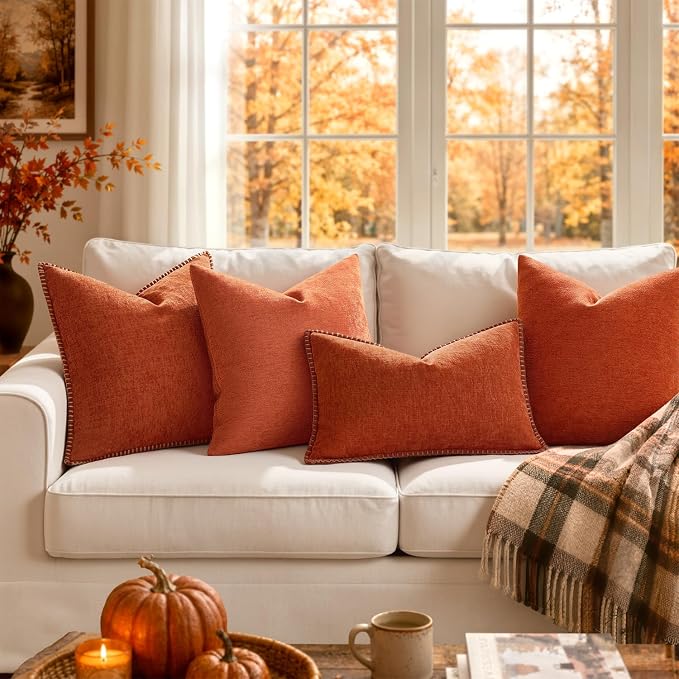 MIULEE Fall Decorative Couch Throw Pillow Covers 18x18 Inch Rust 2 Pack | Terracotta Farmhouse Pillow Covers with Stitched Edge, Soft Chenille Cushion Cases, Sofa Bed Living Room Home Decor