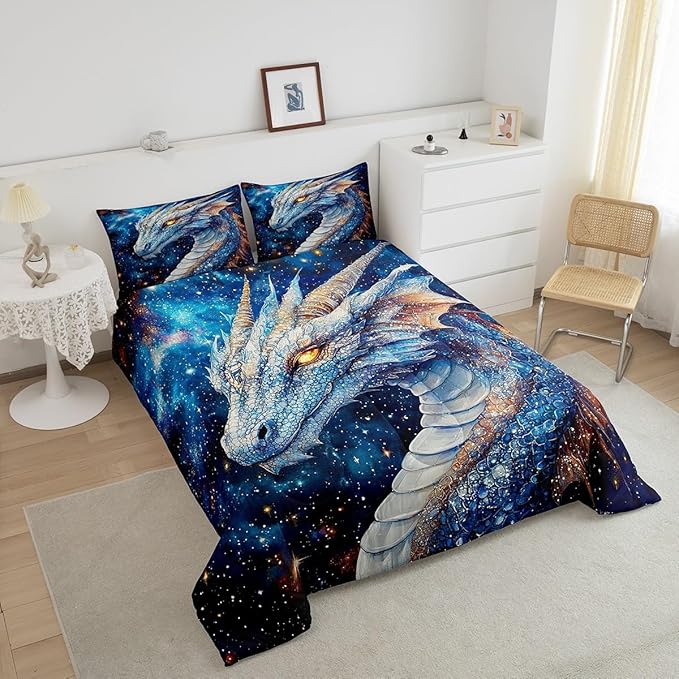 Feelyou Dragon Comforter Set Toddler Size Dragon Stuff Comforter for Boys Girls Teens Wild Life Bedding Set Dragon Decor Duvet Set Room Decor Blue Quilt Set