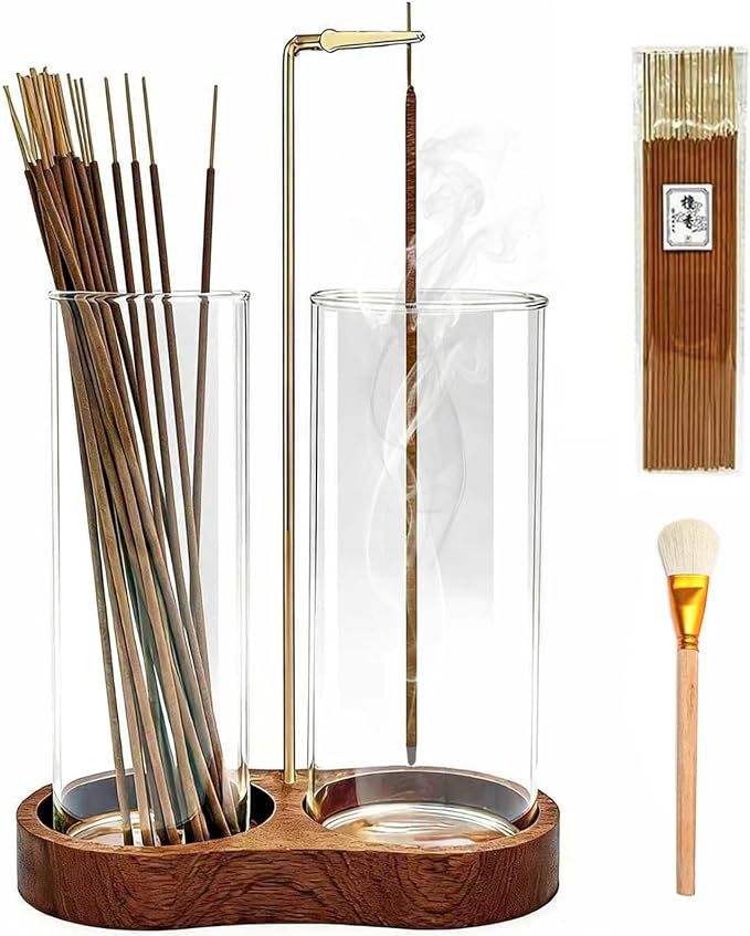 Ceremony Incense Holder, 2 in 1 Wooden Incense Holder for Sticks | Anti-ash Incense Burner with Glass Ash Catcher for Meditation Yoga Spa Room Decor