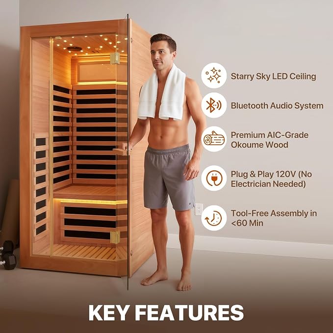 1 Person Infrared Sauna Low EMF Far Infrared Sauna with Speakers Personal Indoor Dry Sauna Room for Home Gym Spa