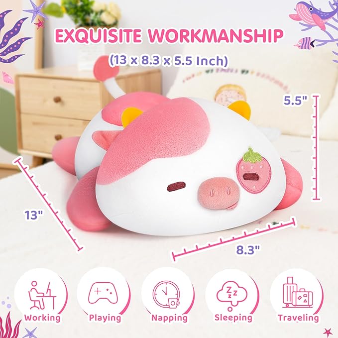 Cute Strawberry Cow Plush Pillow, Kawaii Plushies Strawberry Cow Stuffed Animals, Squishy Plushies, Cuddle Plush Pillow for Kids & Girls (13 Inch)