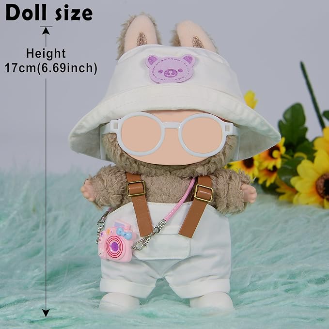 iBayda 17cm Fashion Doll Clothes & Accessories Set Include: Hat, Overall, Shoes, Glasses and Bag- Cute Clothes for Dress up Unique Style (Doll Not Included), White