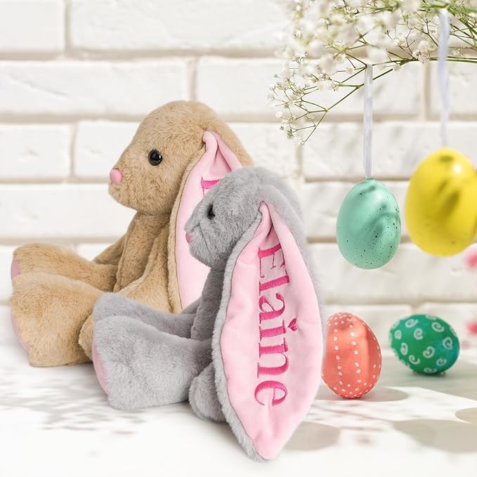 Custom Plush Bunny Toys with Child's Name, Embroidered Bunny Stuffed Animals for Baby Toddlers, Personalized Birthday Gift for Baby Girls Boys (Grey)