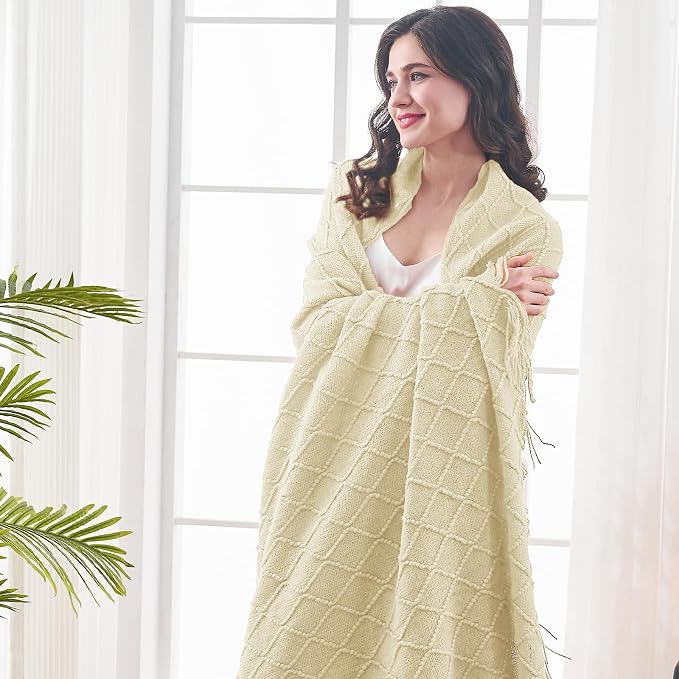 inhand Cloud Cream Knitted Throw Blanket for Couch and Bed, 50"x60" | Soft Living Room Home Decor Knitted Blanket with Tassel, Outdoor Lightweight Breathable , Farmhouse Warm Woven Decorative