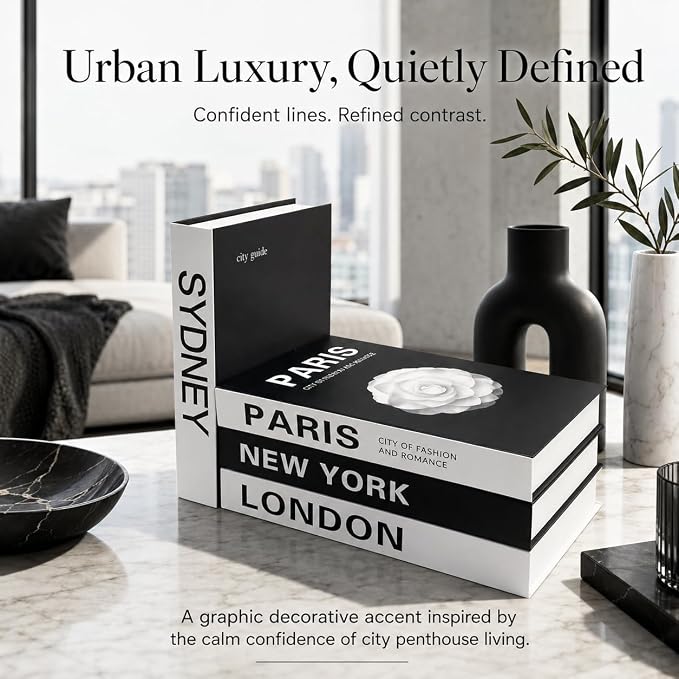 4 Pcs Decorative Books | Faux Travel Coffee Table & Shelf Decor | Worldly Eclectic Look for Living Room, Office and Entryway - Not Real, Tool-Free 2-Min Setup