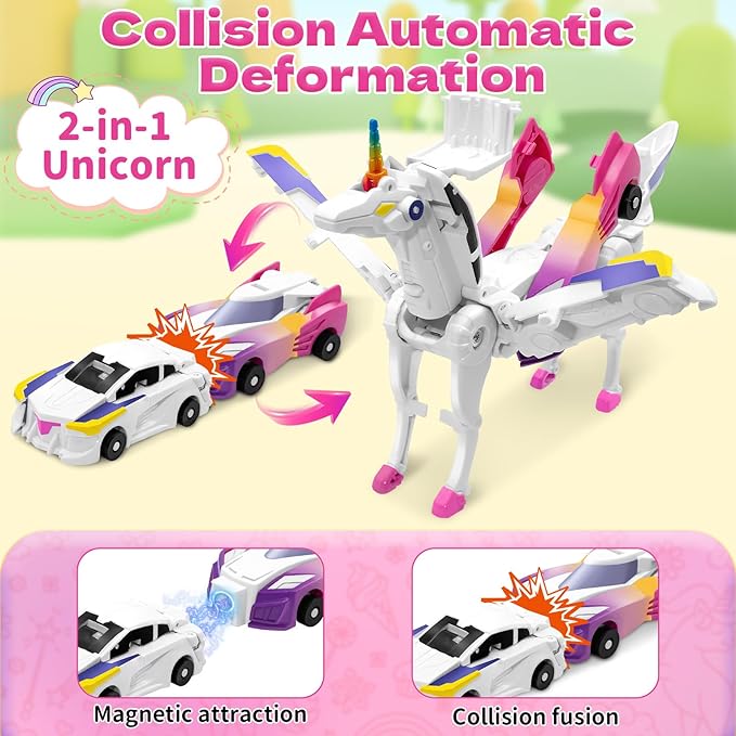 Unicorn Collision Transforming Cars Toy for Girls Boys, 2 Magnetic Cars Transform into Magical Unicorn Collision Transforming Robot Cars Toy Deformation Christmas Birthday Gifts for Kids Pink