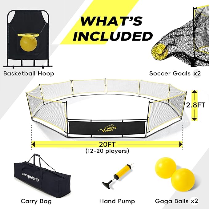 GagaBall Pit 3-in-1 Portable with Basketball Hoop & Soccer Goals, 20ft Giant Arena for Kids, Outdoor Family Game for Camp & School