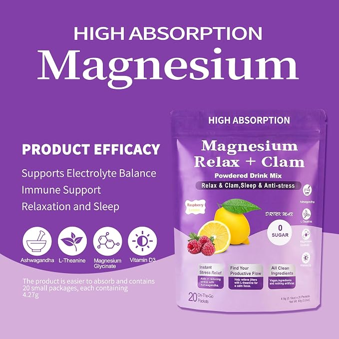 Calm Magnesium Powder,Natural Calm Powdered Drink,Cortisol Drink Mix for L-Theanine,Ashwagandha,Magnesium Glycinate,Anti-Stress Drink Mix Powder,Ashwagandha Supplements for Relaxation Sleep-20 Packet