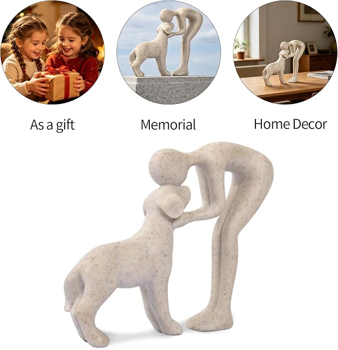 Abstract Person and Dog Head-to-Head Figurine Sandstone | abstract sculpture celebrating the bond between person and pet. Intimate head-to-head Touching memory keepsake for dog lovers