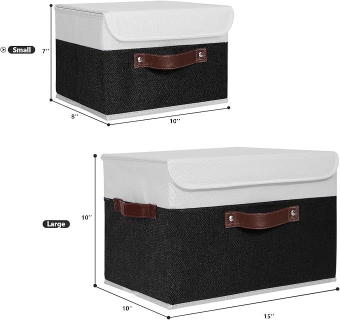 ANMINY Fabric Storage Box Bins with Lids, Black White, 10"x8"x7", 2 Pack | Keepsake Memory Storage, Cotton Linen, PP Board Reinforced, Washable, PU Handles, Foldable & Stackable, Decorative, Small