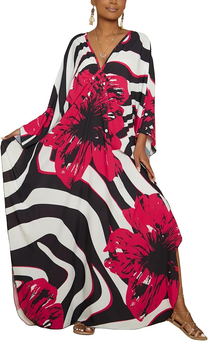 Bsubseach Kaftan Dresses for Women Floral Print Plus Size Beach Cover Up | Lightweight V Neck Loose Fit Boho Dress, Batwing Sleeve Side Slit, Moo Moos for Women Home Loungwear Cruise Resort Wear