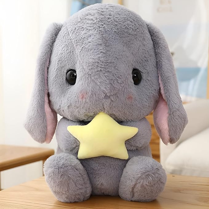 HOUPU Soft Toy - Sitting Lop Eared Rabbit, Easter White Rabbit Stuffed Bunny Animal with Carrot Soft Lovely Realistic Long-Eared Standing Pink Plush Toys (Gray-Star,8.6in/22cm)