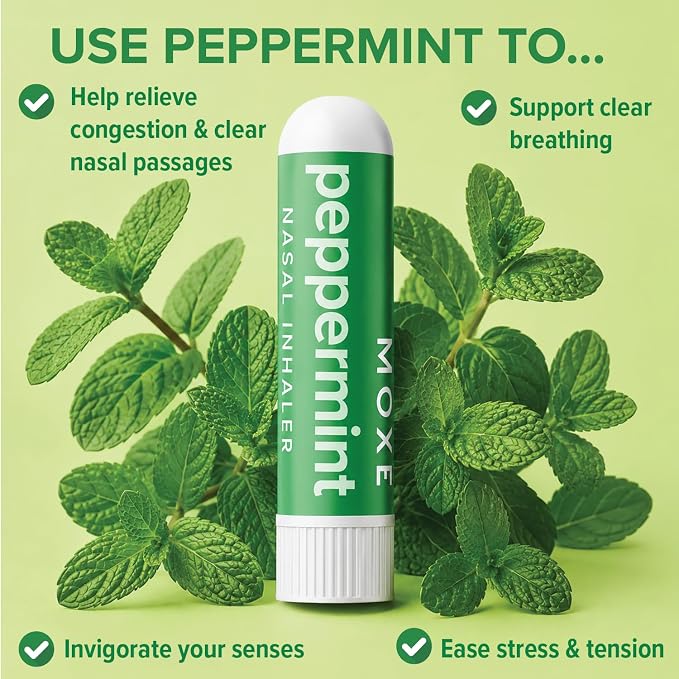 MOXE Peppermint Essential Oil Nasal Inhaler, Therapeutic No-Mess Aromatherapy, Cooling, Refreshing, Invigorating, Uplifts Mood and Positivity, Pure and Undiluted, Made in USA (1 Pack)