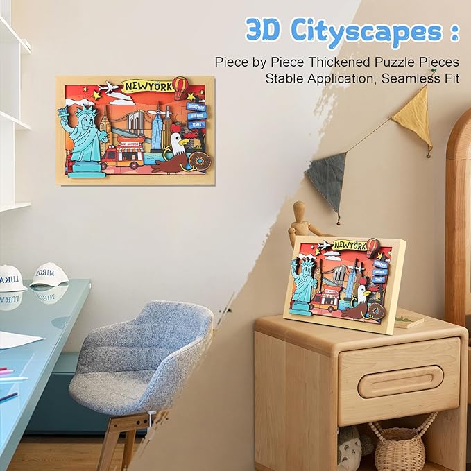 LQG Art Crafts Gift for Kids 4-8 Ages 3D Wooden City Landmark Series Frame Kit for Kids - DIY New York Cartoon Style Puzzle Toys Perfect Wall Art and Tabletop Decoration